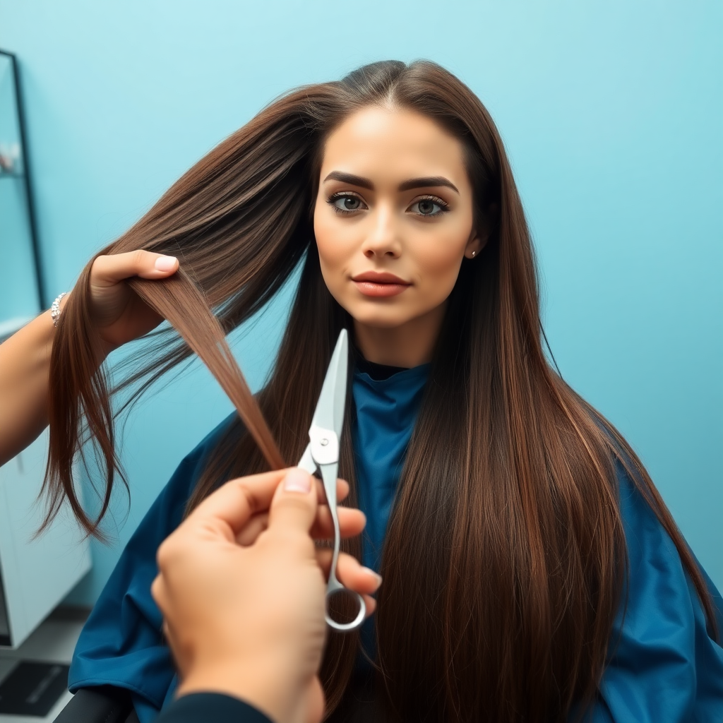 POV, A beautiful woman sitting in a hair salon wearing a blue salon cape, looking at the camera. Her very long hair meticulously fanned out. I'm grabbing a lock of her hair with one hand and prepare to cut it with scissors held in the other hand. Plain light blue background.