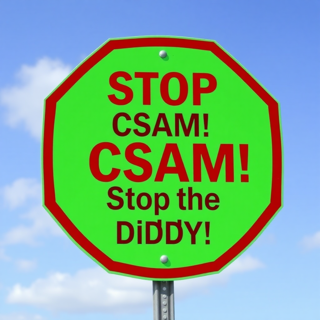 a red aggressive danger sign saying "Stop CSAM! Stop the Diddy!"