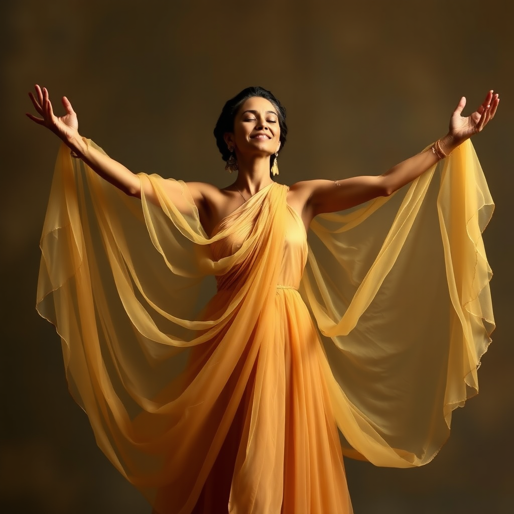 Yogi in gossamer gown her arms raised