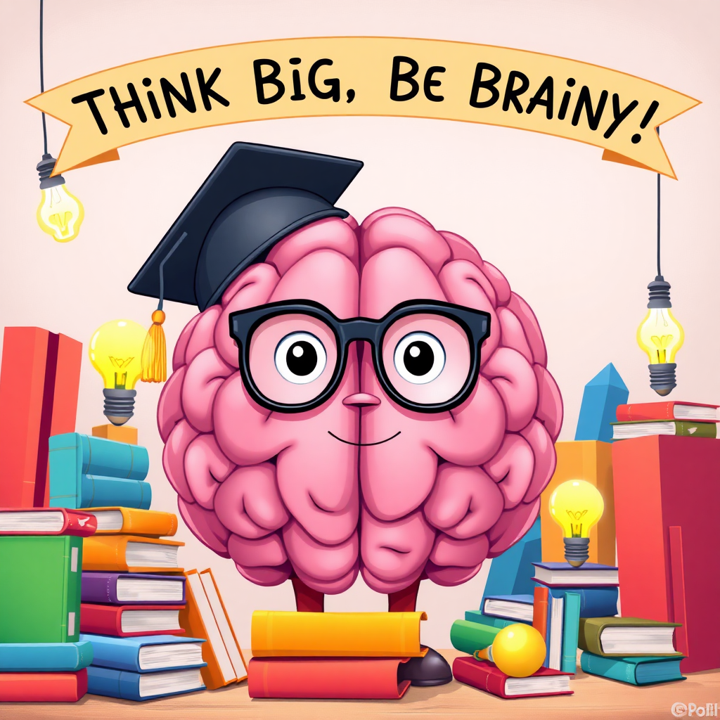 An imaginative scene of a giant cartoon brain wearing glasses and a graduation cap, surrounded by colorful books and light bulbs, with a banner overhead that reads, "Think Big, Be Brainy!"