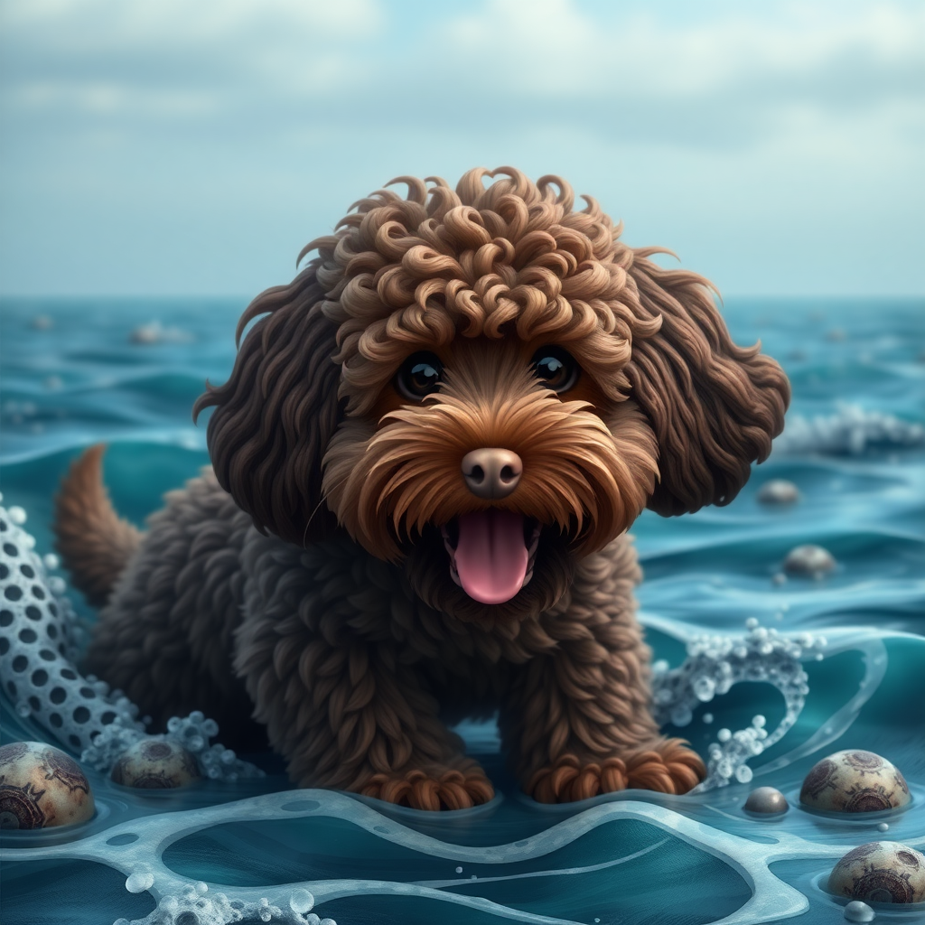 cute gigantic chocolate colored cockapoo ocean sea monster coming out of the ocean, ultra realistic, ultra detailed