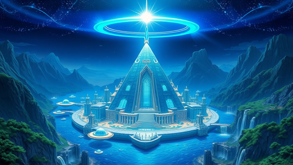 This anime art of Greater Atlantis is a stunning vision of futuristic elegance and mythical grandeur:

The cityscape is vast and intricate, with towering Greek-styled structures that showcase advanced technology. These buildings are crafted from blue marble, each uniquely shaped with flowing, ornate designs that blend classical aesthetics with futuristic elements.

At the heart of the city stands a colossal pure-quartz pyramid, its crystalline surface shimmering with an inner light. Atop the pyramid is a radiant crystal, casting a brilliant blue beacon that pierces the sky and serves as a focal point for the city's energy and power.

Surrounding the city is a magnificent ringed structure, which encircles the entire metropolis, providing both protection and a majestic boundary. The waters around the city are dotted with advanced technological artifacts, including white, floating, and hovering objects that glimmer as they drift over the surface.

The landscape features lush tropical lands, their vibrant greenery contrasting with the sleek, high-tech city. Nearby mountains are adorned with cascading waterfalls that flow gracefully into the expansive waters, enhancing the city’s serene yet powerful aura.

The sky above is a deep, rich blue, illuminated by the piercing blue beacon and various other lights that reflect off the crystalline surfaces. The overall scene combines elements of ancient grandeur and cutting-edge technology, creating a breathtaking depiction of Greater Atlantis that is both enchanting and awe-inspiring.