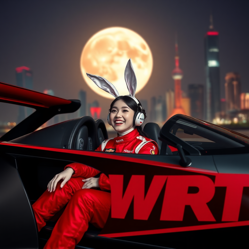 The car body only has "WRT" written in red, a Chinese beauty racer wearing bunny ears is sitting in the racing car laughing, and the red racing suit also only has "WRT" written on it. The background features the nighttime scenery of Shanghai and an enormous moon.