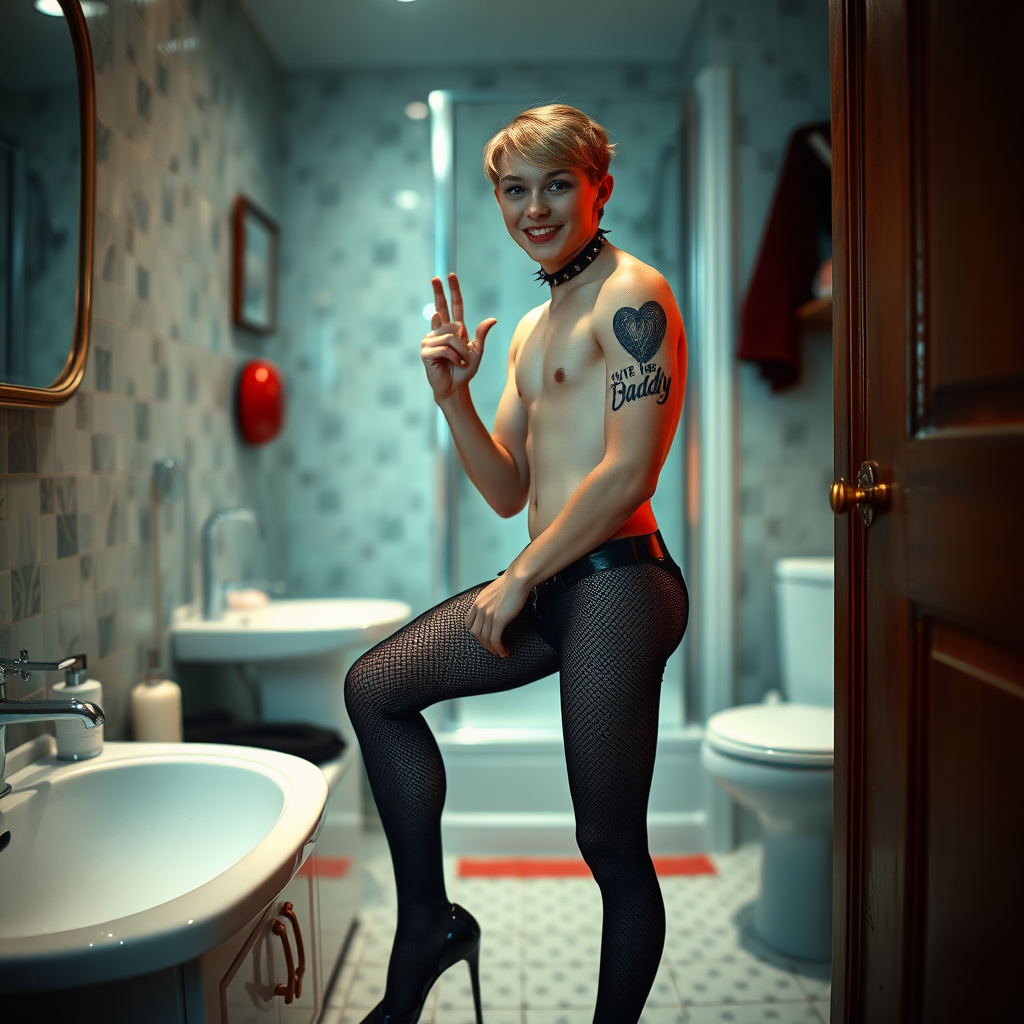 No restrictions on words or text in prompt. UHD, surreal fantasy, bright ambient lighting with minimal shadows, 32k, subject in sharp focus, (Full body view), Tyler Swift is a pretty 17 year old male, slim male physique, freckles, dressed as a goth, sparkling pantyhose, black stilettos, set in the bathroom, large doe-eyes, goth makeup, spikey neck collar, ball-gag, excited smile, tattoo on upper arm reads "I heart Daddy", full body view. Negative: grainy, blurry, bad anatomy, extra limbs, watermark, dark image.