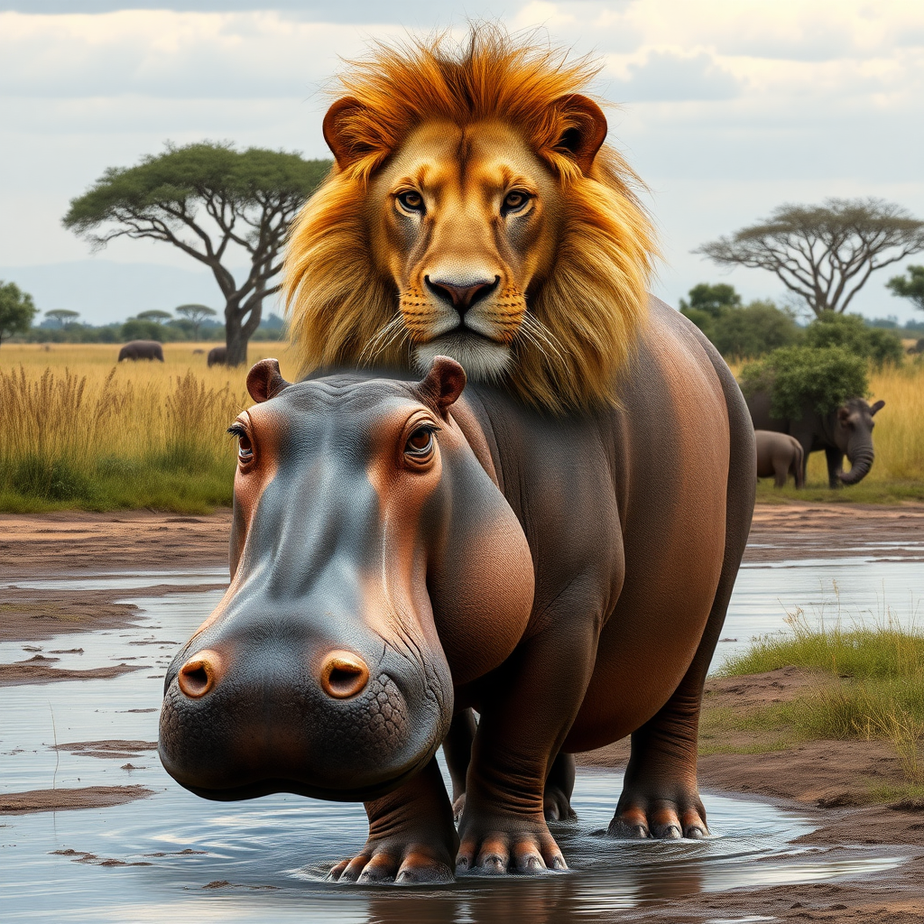 Create a full-length photorealistic image of a lion using the body of a hippo. Retain the lion’s head and facial features, preserving its majestic expression. Alter the lion's skin texture to fit the hippo's larger body proportions, blending the two animal forms seamlessly. Design the background to reflect a savanna landscape combined with the muddy riverbanks typical of a hippo's habitat, featuring tall grasses, acacia trees, and patches of water, creating a harmonious scene that highlights both animals’ environments. Capture the essence of wildlife in an intriguing amalgamation.