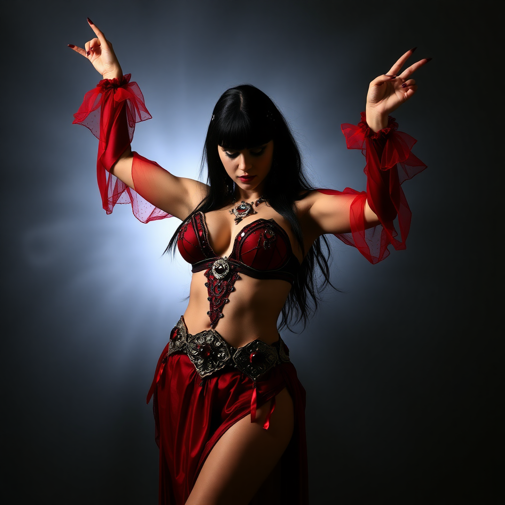 imagine: Vampirella both arms up menacingly at the viewer intensely with one arm up high in the air. She's wearing a Vampirella themed sexy belly dancing outfit with insane detailing. Cosplayed by a Romanian dancer.