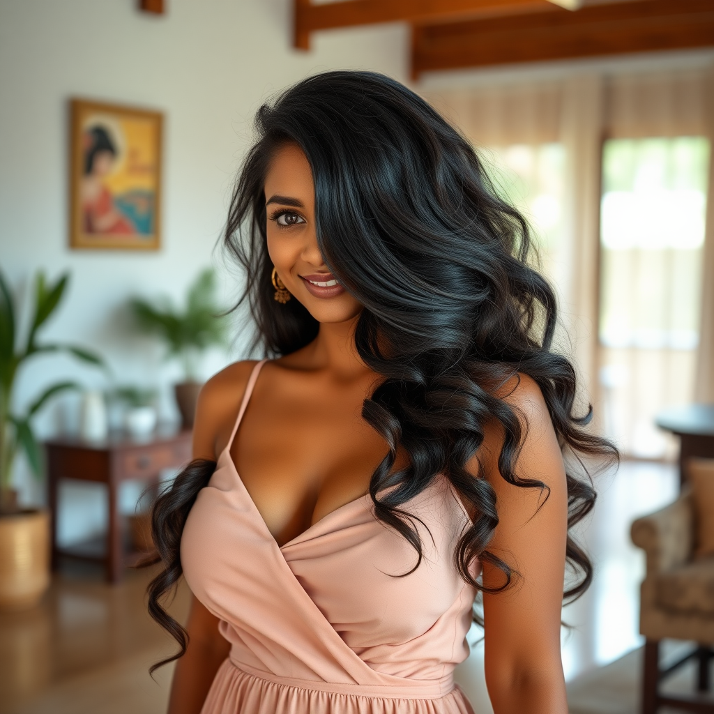 Pretty woman of Sinhalese ethnicity in her mid 20s with very long volumnized layered hair and huge breasts in a dress, full length shot in an indoor scene