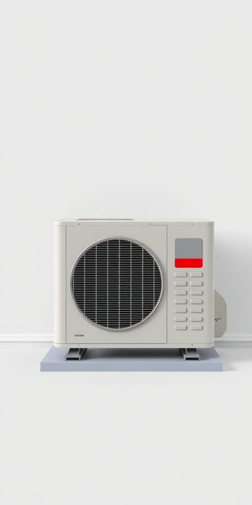 A simple, high-resolution, realistic photo of a standard residential outdoor air conditioning unit or condenser. The unit should be placed on a flat surface. The unit should be a neutral color. Plain, uncluttered background. No text.