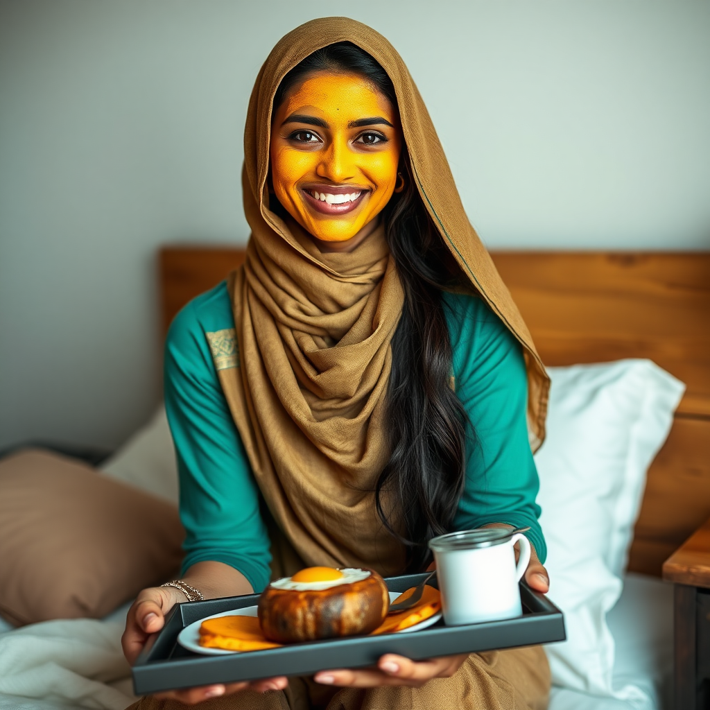 slim, 30 year old, sexy, indian wife, scarf head, turmeric face mask. She is smiling and serving breakfast on a tray on bedside table.