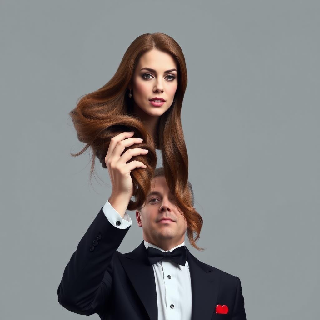 A surreal image of a magician holding up the disembodied head of a very long haired Kate Middleton. He is grabbing her by her long hair and holding up her head high in the air to display it to the camera. Plain gray background.