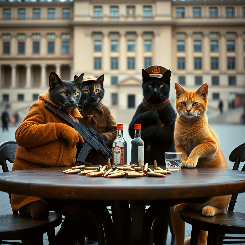 4 cat-men in a large square, a dark-skinned one holding an AK-47, an orange one with a Russian military cap, a dark brown one and a light brown one, USSR communists with vodka, around a table with bullet casings on top (film photo style)