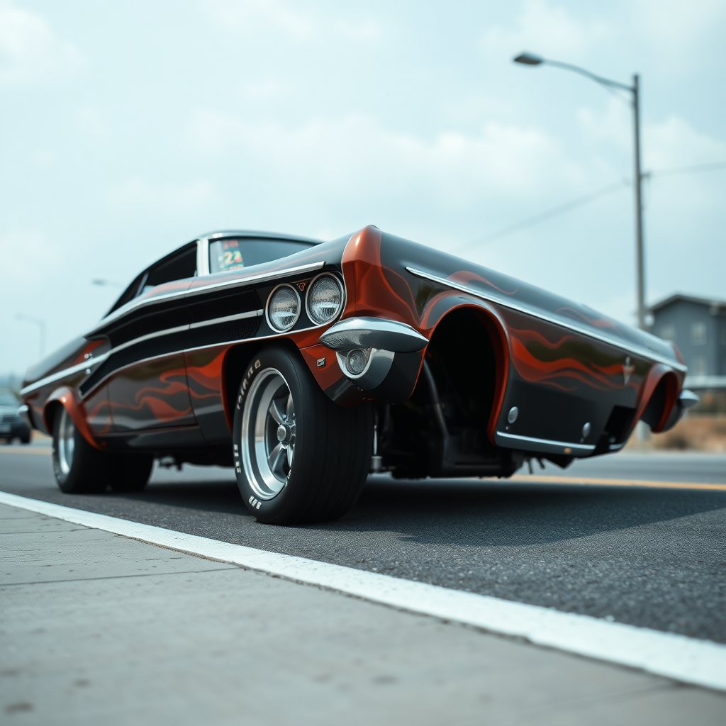 The drag car is parked on the side of the road, inspired by Taiyō Matsumoto, tumblr, restomod, nd4, c4 metallic shine classic american low rider custom paint ford alev desenler.