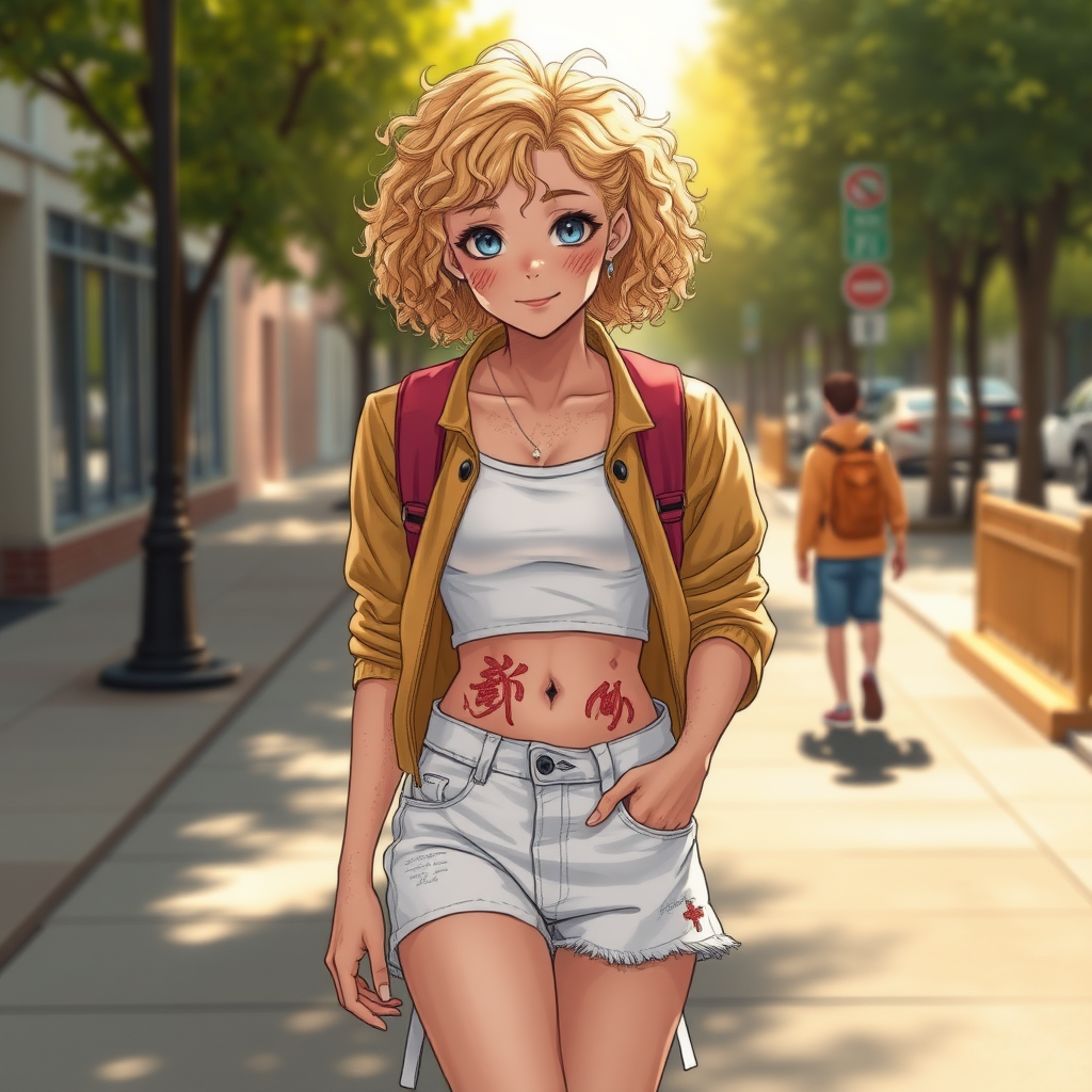 Realistic drawing style image, Extremely good quality 8k resolution drawn manga image of a 15 year old petite and short tomboy girl with golden blonde curly hair with mixed and different colored eyes for each eye and moles on her entire body and is a white American girl, Has on a Gold Jacket over a white extremely short crop top only covering her breasts and nothing more with a design on it, and has on ripped shorts and cool looking sneakers and a deep and big knife cut wound on her stomach from a huge injury she had, with a bright color backpack, ear piercings on, walking on the street to school in the morning with the beautiful sunlight lighting up her body beautifully with no tattoos.