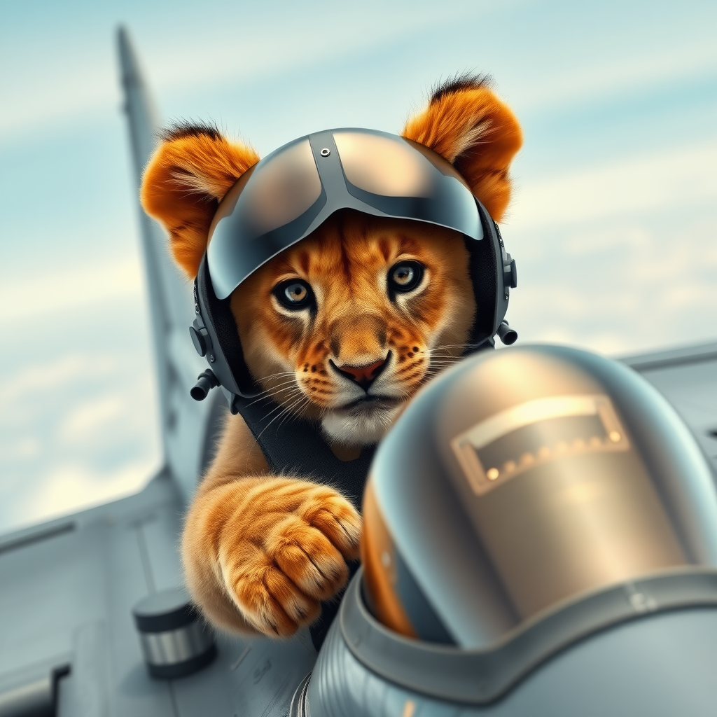 Lion cub piloting a Russian fighter jet