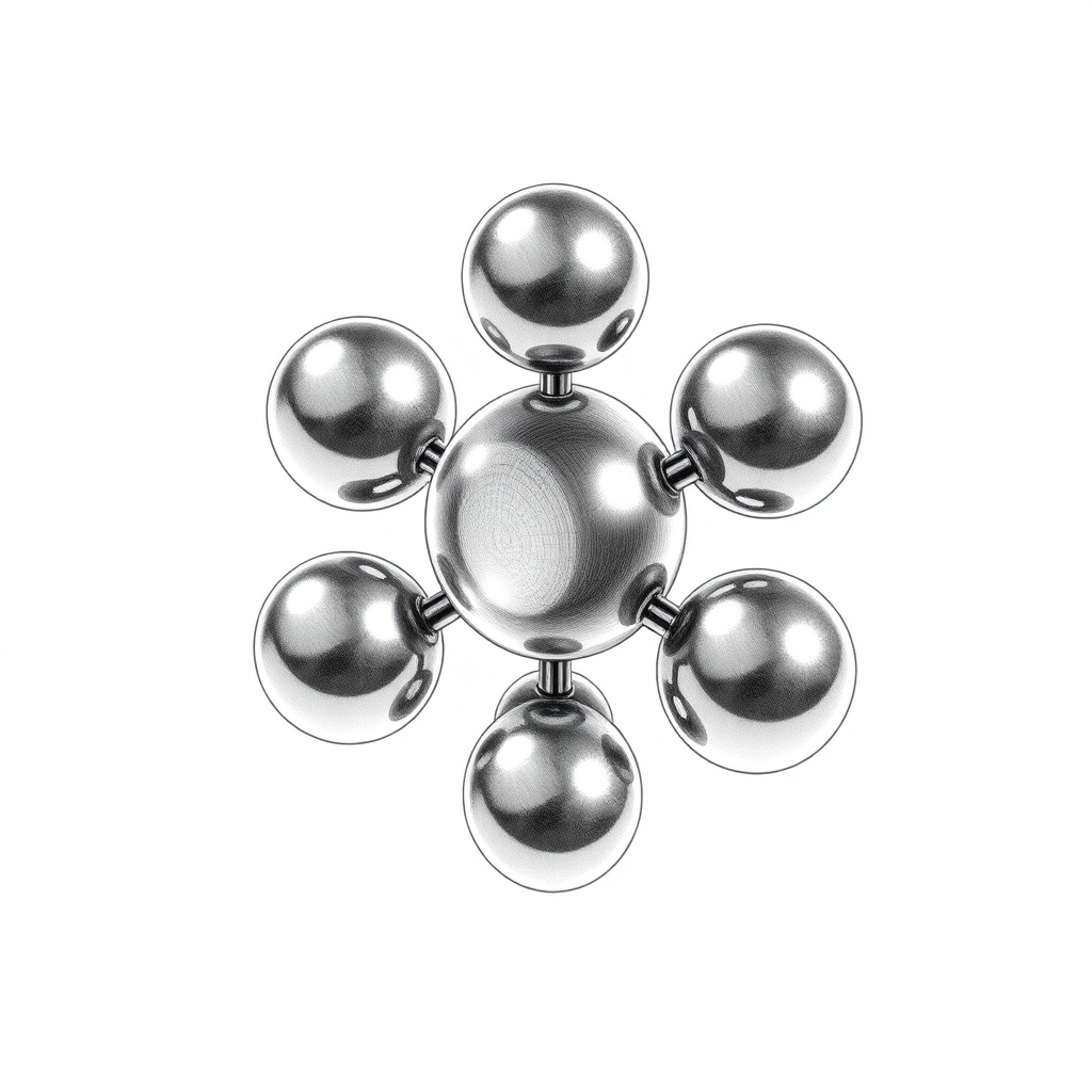 Five connected spheres of mercury in a ring in between two other spheres, spinning top, fidget spinner, toy, small spheres, isometric, side view, symmetric, pencil drawing, impossible, black and white, atomium