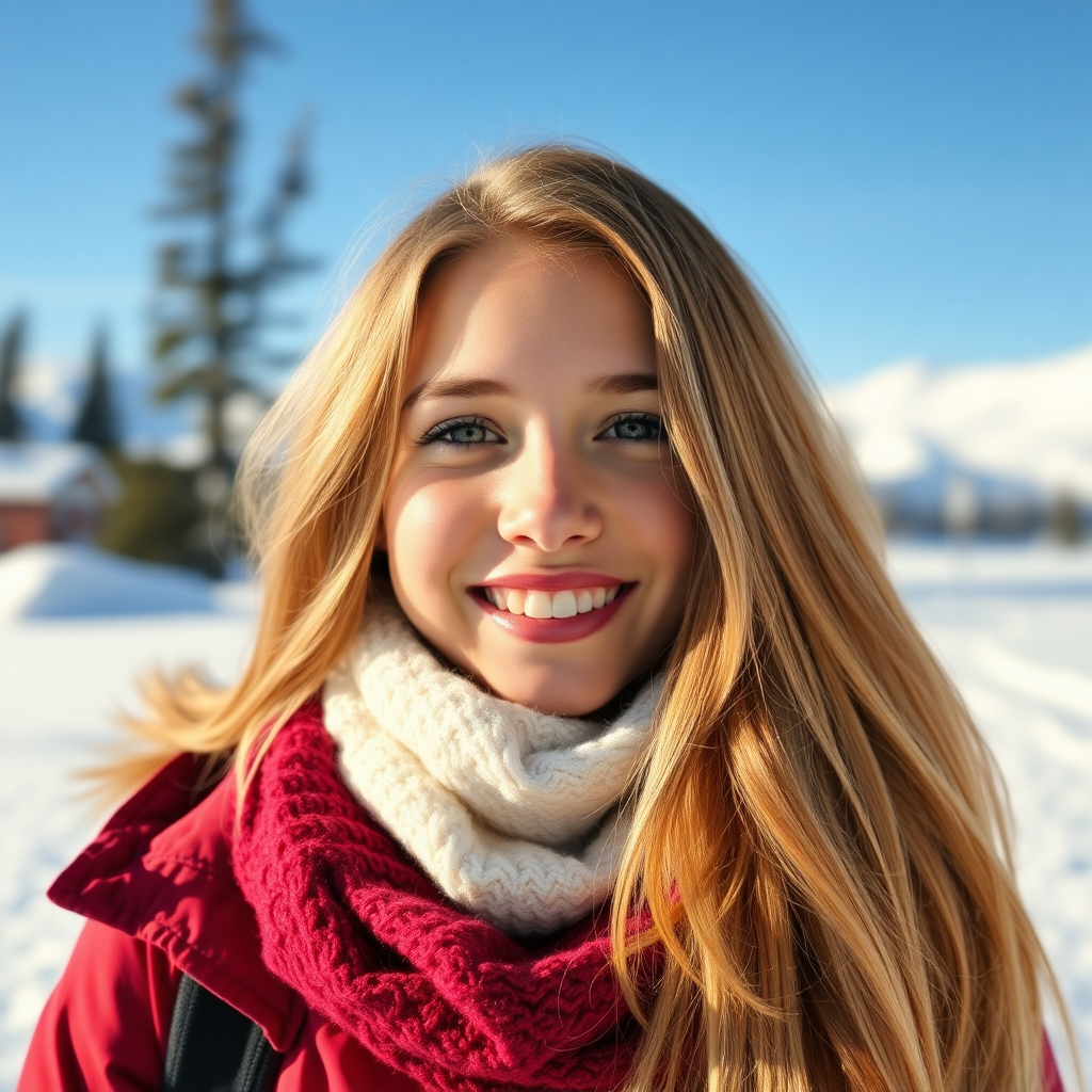 beautiful young woman with lush cherry blonde long hair, full lips, on Alaska Anchorage happy in sunny snow