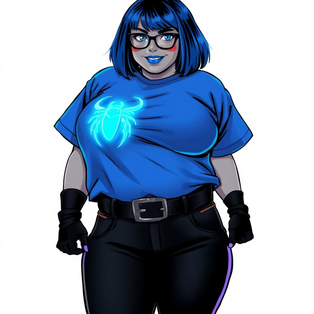 A 28-year-old, full-figured, metallic middle gray skinned computer program hybrid with a maximum blue bob cut. She has a non-athletic build, highlighted by a prominent, round, large midsection (with a full emphasis on her belly). As a digital sidekick, computer hacker, and nerdy girlfriend to her cyberpunk vigilante boyfriend, her middle gray metallic skin and maximum blue lipstick emphasize her digital nature. She wears a costume consist of an oversized, tight-fitting, maximum blue t-shirt (accentuating her large belly) with a neon blue glowing chest icon of a beetle, black pants, a black belt with a sapphire scarab buckle, and black gloves. Her bright blue eyes, black eyeglasses, and lovestruck smile with neon red blush accentuate her nerdiness. She stands bashfully with her hands behind her back, her costume covering all her skin and emphasizing her full-figured, non-athletic physique. She is on a solid white background. She is drawn as if she was in a retro 2D cyberpunk fighting game. She is clearly non-athletic, with emphasis on her full-figured and pudgy physique. Ensure her t-shirt covers her midsection (especially her large belly).