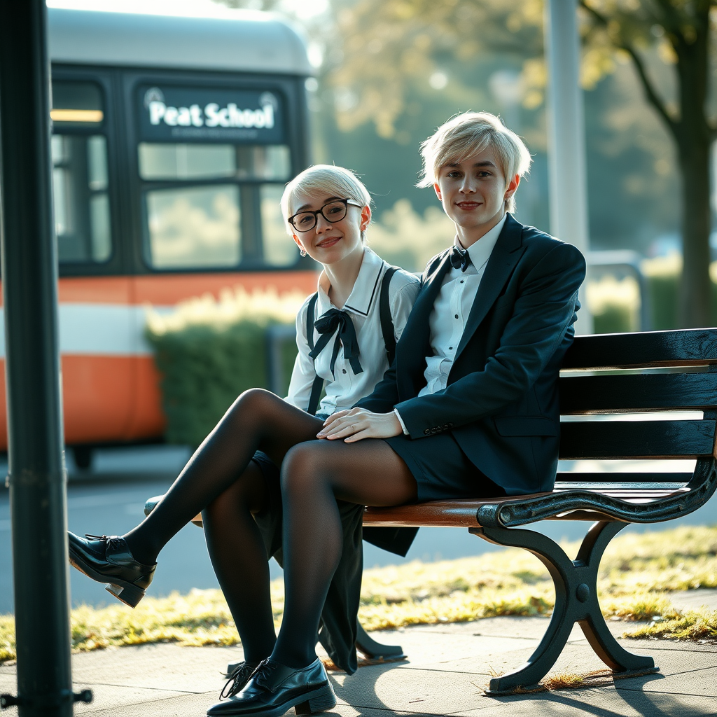 photorealistic, ultra high resolution, 16K, surreal fantasy, soft studio lighting, a pretty 18 year old goth male, slim male physique, short blonde hair, black glasses, goth makeup, earrings, shiny black pantyhose, UK girls-school uniform, Mary-Jane shoes, sitting on his boyfriend's lap on a bench waiting for the school bus, in daylight, excited smile, facing the camera.