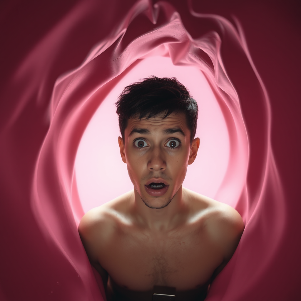 Young man stuck in a tight, circular passageway. Only his head and torso are visible. The walls of the passageway are undulating, pink, and wet. He has a surprised expression.