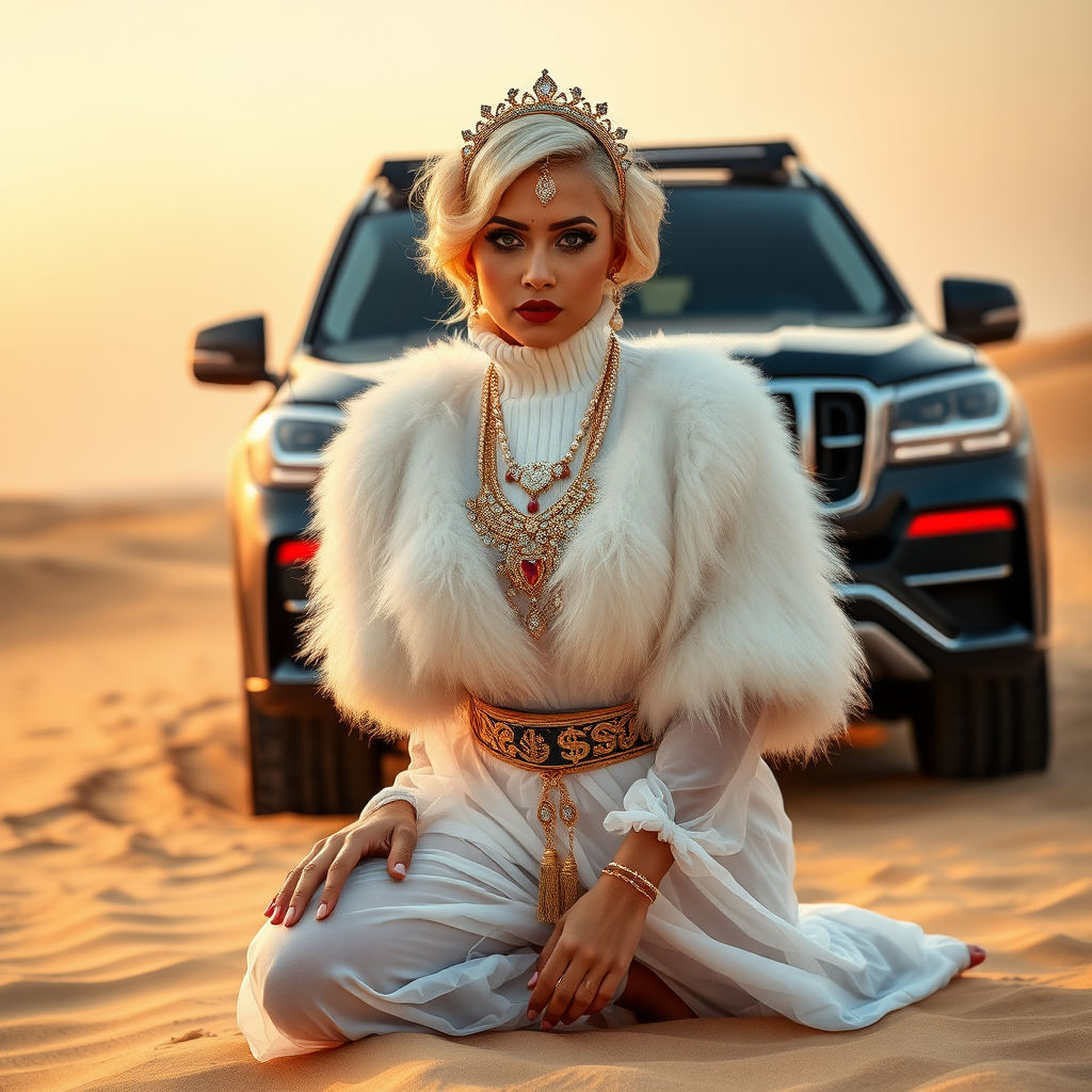 Kuwait desert dunes misty dawn, full size luxury SUV: Melissa, European 17 years old very convincing femboy “trophy-bimbo”, tamed servile docile, very beautiful feminine flawless face, rather short, by hormones very curvaceous womanly figured, platinum blond short tight curls, bold red lips, heavily made-up face, wearing Supertanya-style fluffy very fuzzy bright white angora turtleneck-poncho cropped ending under bust decorated with pearls and gemstones, striking oriental wide gold bridal protection belt, white fully transparent harem pants, full Oriental bridal jewelry with striking headpiece, full Oriental face-jewelry, coin anklets, striking diamond “$$$” letter brooch on left chest, pout frustrated, hands tied behind back, kneeling in sand in front of SUV, looking at camera. Focus on face and turtleneck-poncho.