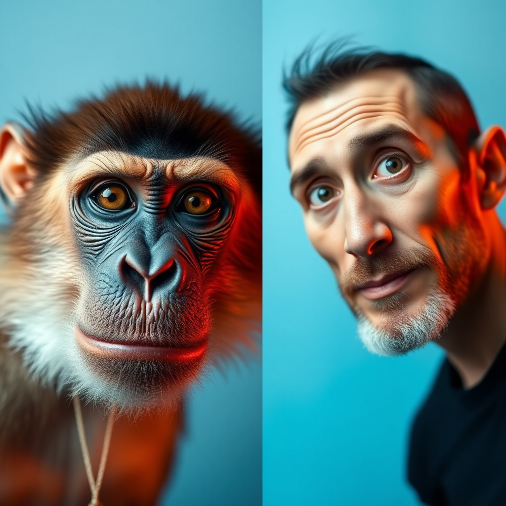 Face front.  
Left side of a monkey's face and right side the face of a man.