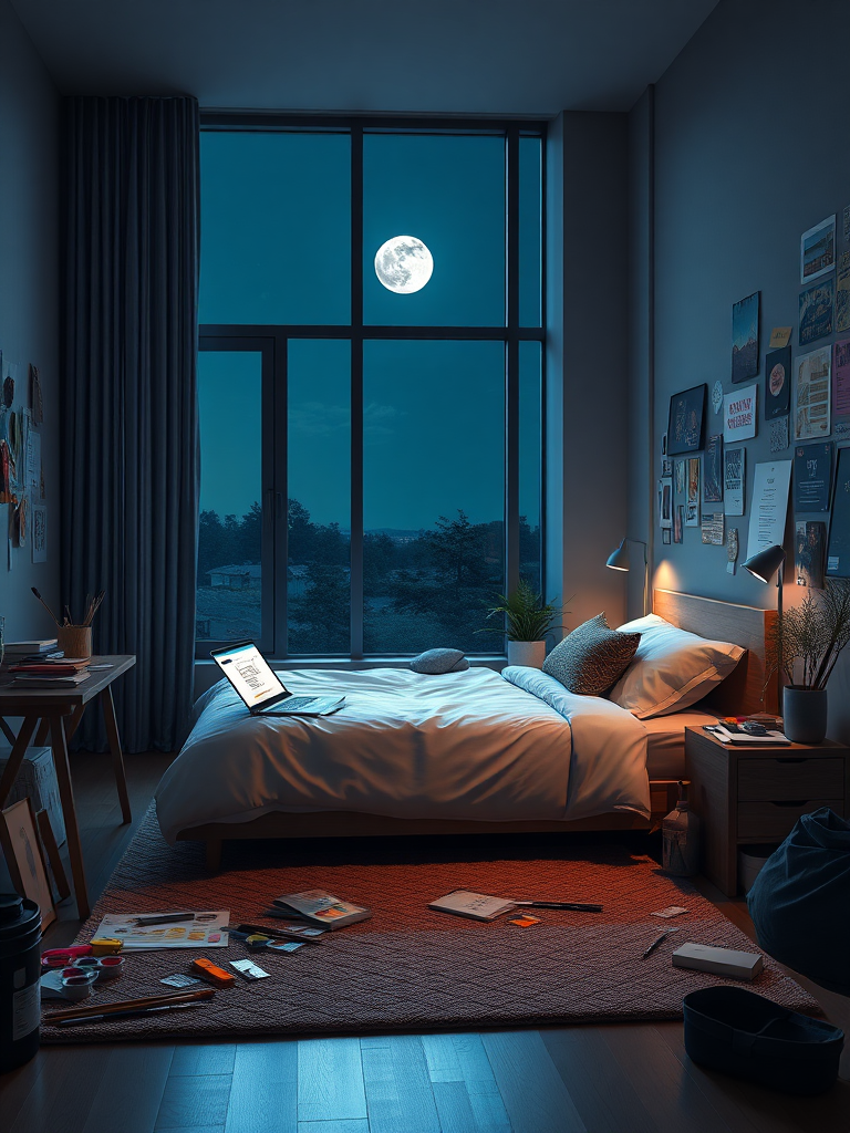 Scene description: In the deep of night, a large window allows the room's light to intertwine with the moonlight outside, illuminating a creatively filled room. In the center of the room is a minimalist-style bed with a sleek laptop on the bedside table, its screen displaying design drafts. Various paintbrushes and paints are scattered on the carpet beside the bed, and the walls are adorned with various artworks. In one corner of the room is a small desk piled with books and notes, while the wall beside it is covered with creative inspiration stickers. The entire room is rich in color and detail, showcasing the inhabitant's creativity and love for life. Realistic and authentic style.