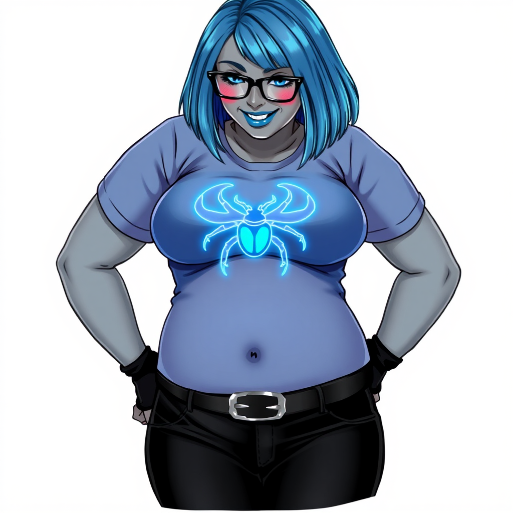 A 28-year-old, full-figured, metallic middle gray skinned computer program hybrid with a maximum blue bob cut. She has a non-athletic build, highlighted by a prominent, round midsection (with a focus on her belly). As a digital sidekick and computer hacker to her cyberpunk vigilante boyfriend, her middle gray metallic skin and maximum blue lipstick emphasize her digital nature. She wears a tight-fitting, maximum blue t-shirt (accentuating her belly) with a neon blue glowing chest icon of a beetle, black pants, a black belt with a sapphire scarab buckle, and black gloves. Her bright blue eyes, black eyeglasses, and shy smile with neon red blush accentuate her nerdiness. She bashfully bows her head with her hands behind her back, her t-shirt covering her midsection (especially her belly) and emphasizing her full-figured, non-athletic physique. She is on a solid white background. She is drawn as if she was in a retro 2D cyberpunk fighting game. She is clearly non-athletic, with a focus on her full figure. Make sure her t-shirt covers her midsection (especially her belly).