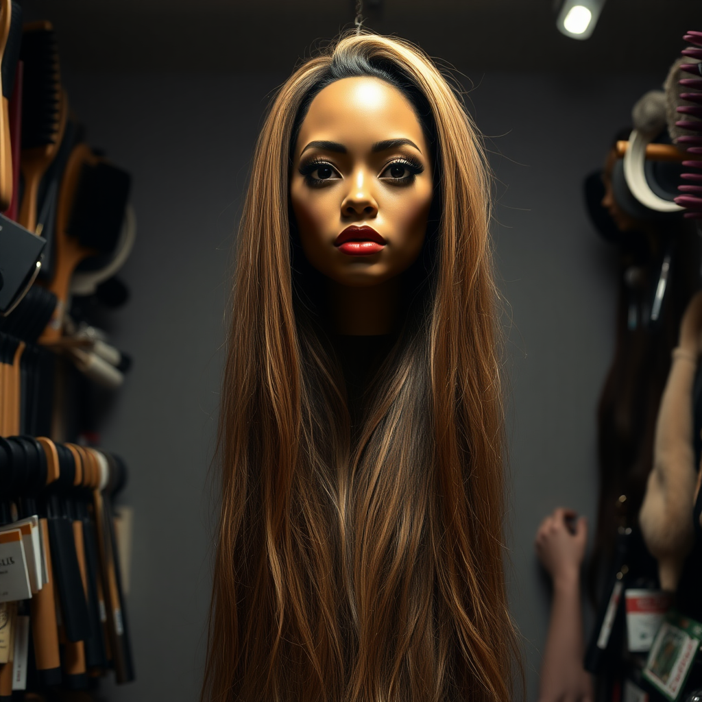 In a well lit, eccentric long hair fetish store, a strikingly unique and surreal display draws attention: the real live, flesh-and-blood disembodied head of a stunning woman reminiscent of Beyoncé, her long, flowing hair cascading like a silky waterfall around her neck. The luxurious strands shimmer with intricate highlights, ranging from deep ebony to sun-kissed gold, accentuating her perfectly sculpted features. Her captivating, dark eyes glisten with an enigmatic allure, expressing an uncanny mix of grace and mischief.

The background is a plain, muted gray, contrasting sharply with the vibrant beauty of the head and her extravagant hair, allowing viewers to fully focus on the astonishing sight. Subtle whispers float through the air, blending with the soft rustle of hair as it sways gently, creating a sense of uncanny vitality. The atmosphere is thick with a mixture of curiosity and fascination, as shoppers, drawn in by the bizarre display, exchange incredulous glances and hushed conversations, their excitement palpable.

The shop’s interior is cluttered yet inviting, filled with an array of hair-related items: brushes, wigs, and accessories, each designed to celebrate the beauty and allure of long hair. Dim, ambient lighting adds to the mystique, casting playful shadows that dance around the room, enhancing the surreal quality of the disembodied head on display. It's an experience that blurs the lines between reality and fantasy, tugging at the viewer’s imagination and evoking a sense of wonder.