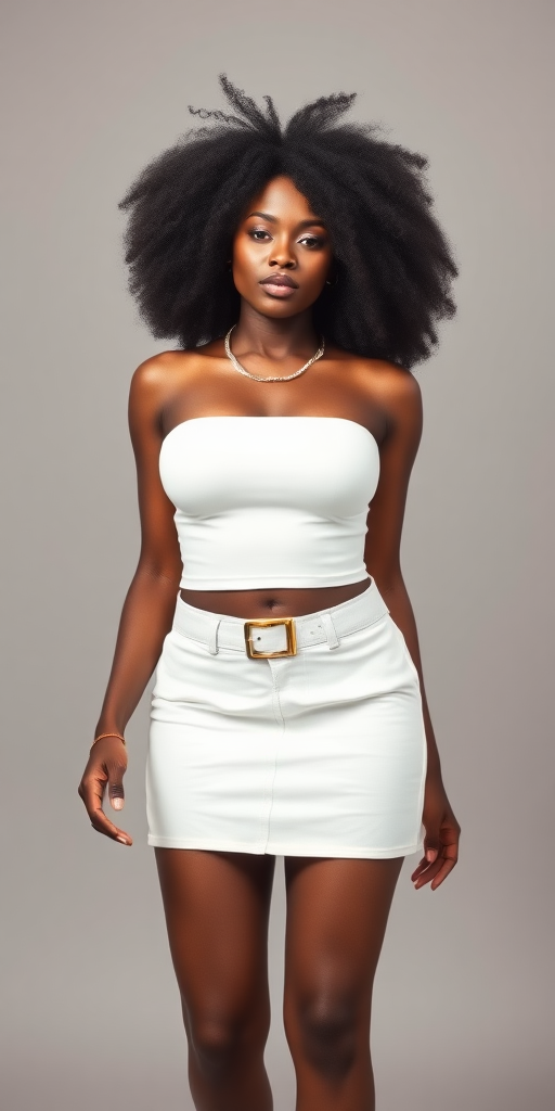 a fullbody photo of a very busty african woman with an afro wearing a white tubetop and a white miniskirt