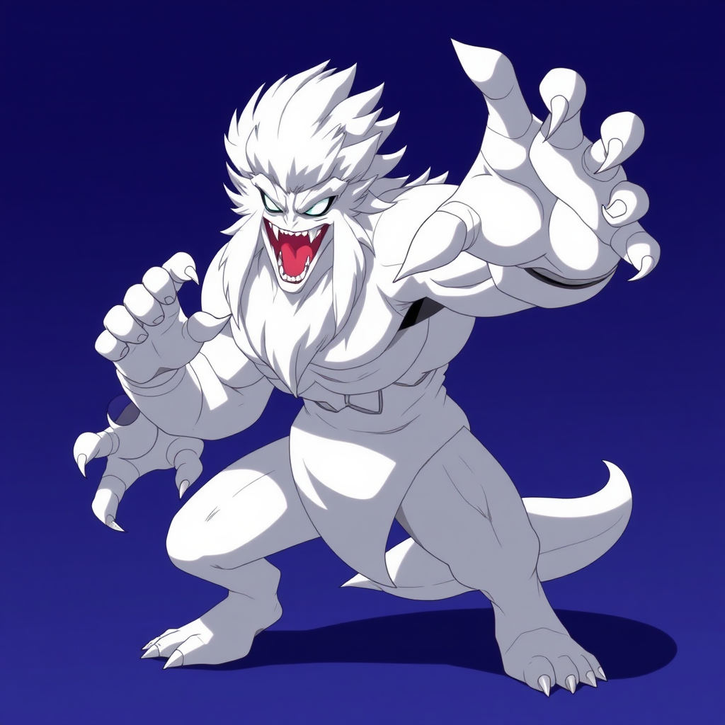 A white character striking a beastly pose in anime style.