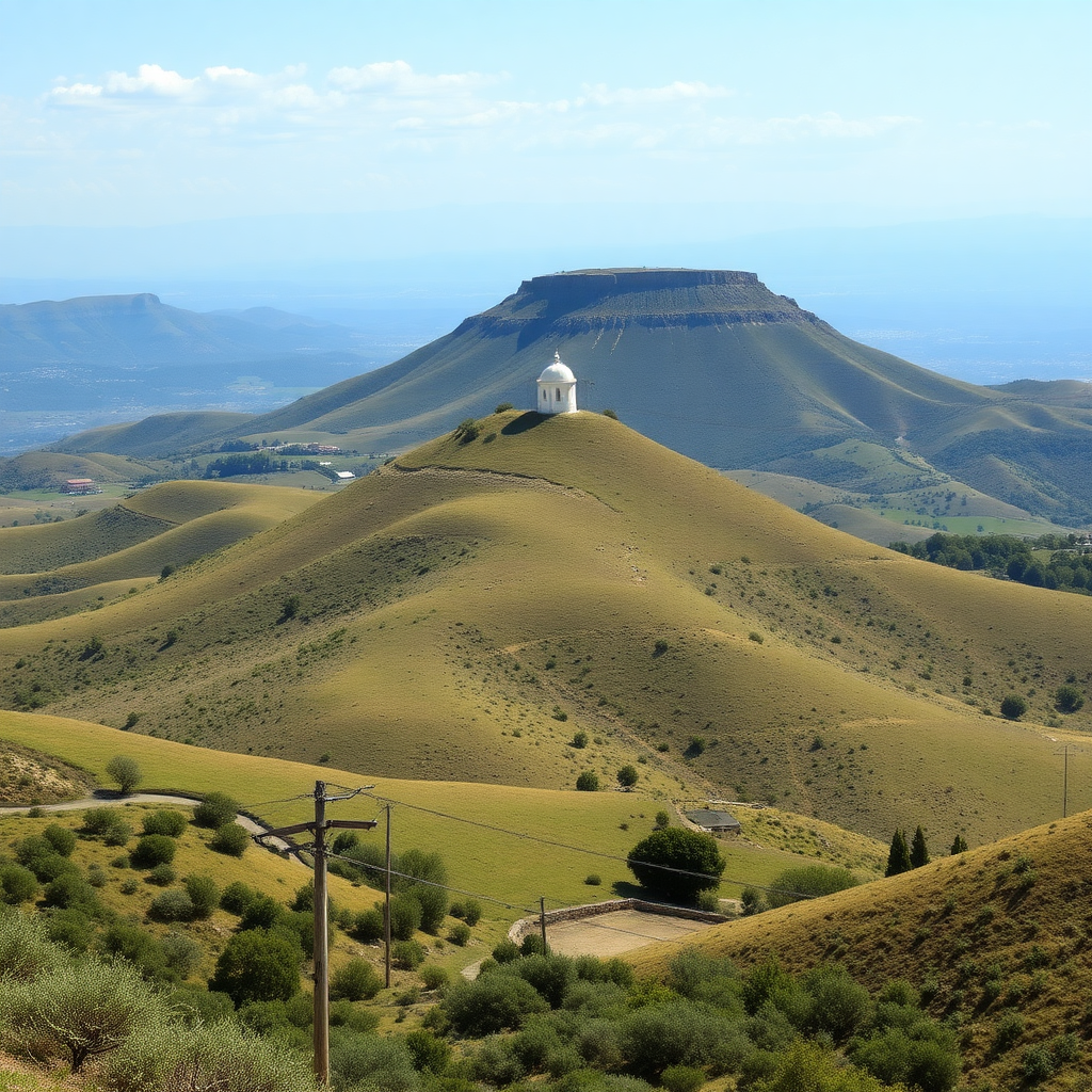 hilly countryside of Marmilla, conical hill and in the background the high plateau of Giara