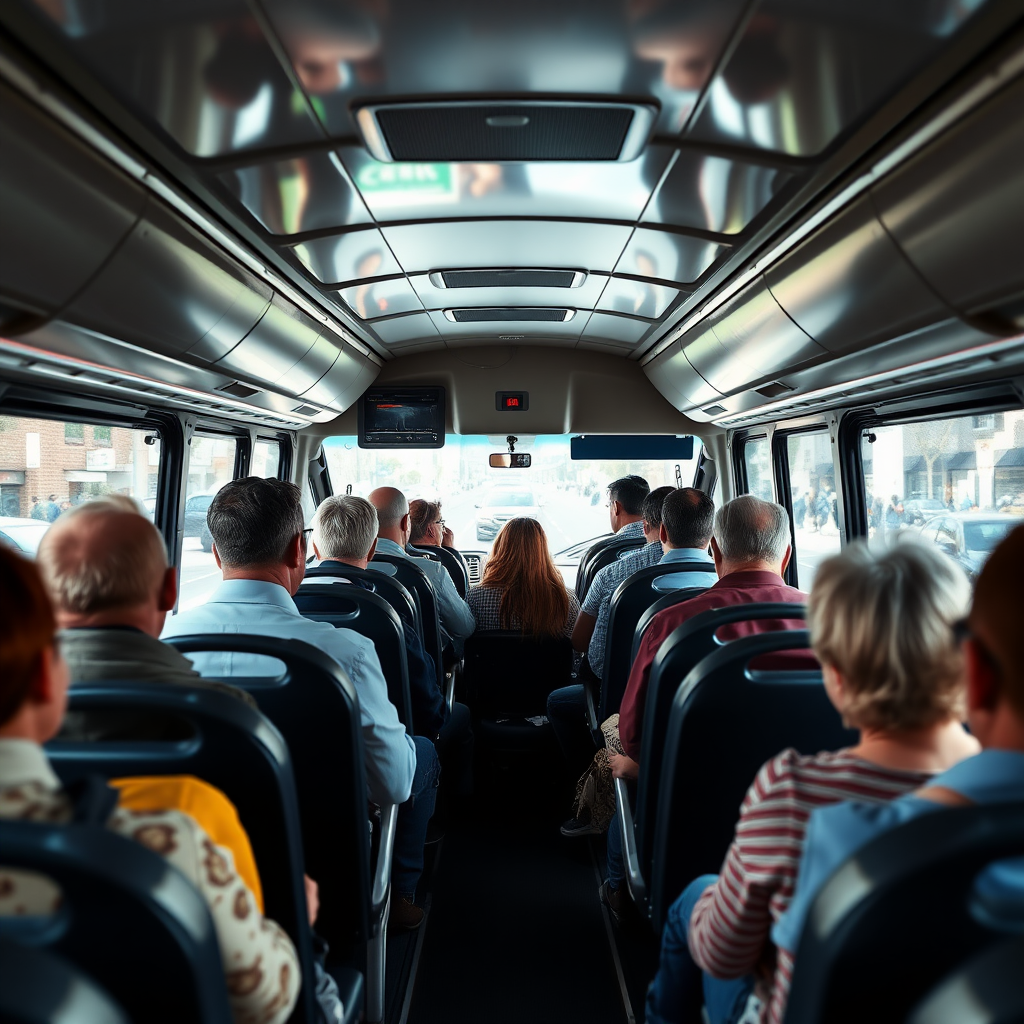 create a photo realistic image of people in a tour bus. They are pictured from the back. Make the image rectangle and not square