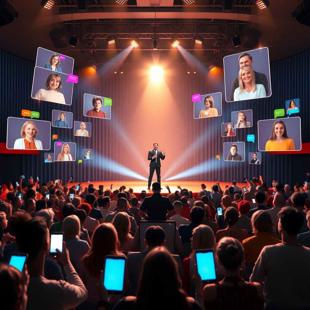 An image of a charismatic host standing on a brightly lit stage, engaging with both a live audience and virtual attendees. In front of the stage, a diverse crowd of in-person attendees sits in an auditorium, some holding up glowing smartphones and tablets. Surrounding the stage, floating holographic screens display faces of virtual participants tuning in from around the world. Colorful speech bubbles and chat icons emanate from both the physical audience and the virtual screens, all directed towards the host, symbolizing live comments and interactions converging towards the center. 3D animation, big budget hollywood