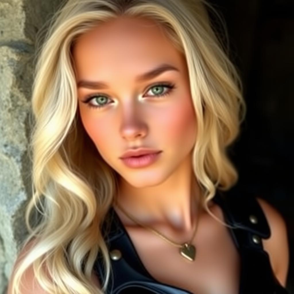 Portrait of a beautiful young woman with long wavy platinum blonde hair, green eyes, a suntan, light brown eyebrows, and large breasts. She is wearing black leather armor and a gold necklace with a small heart pendant.