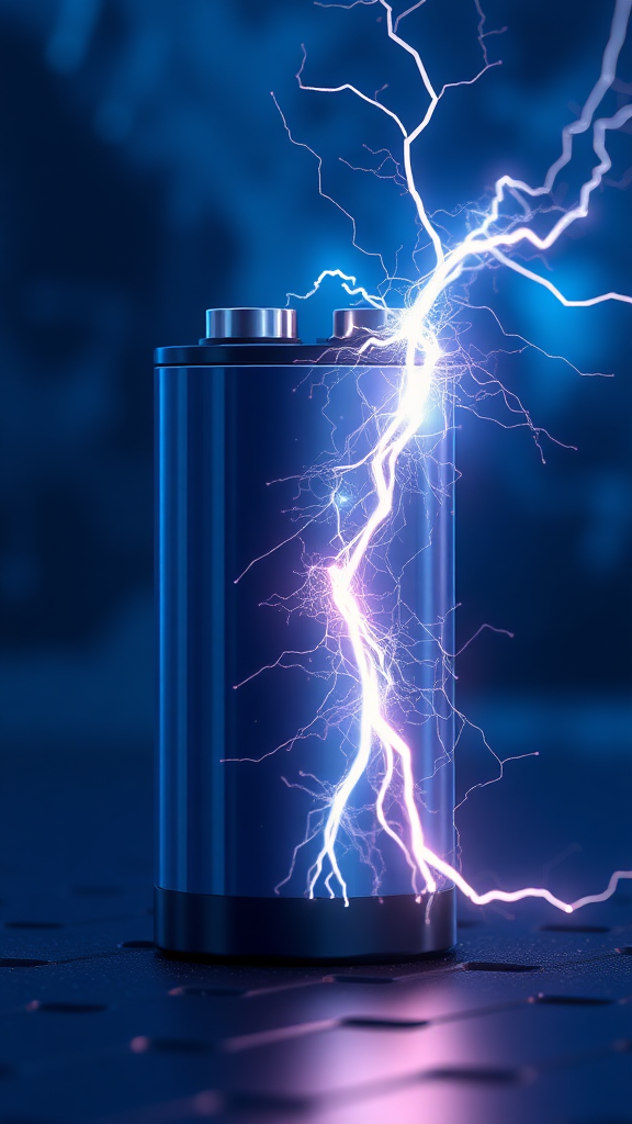 The appearance of an electric spark in a secondary battery cell, please express it as a realistic image using 3D rendering, express the background as a cybernetic and mysterious image, and express the overall color as dark blue.