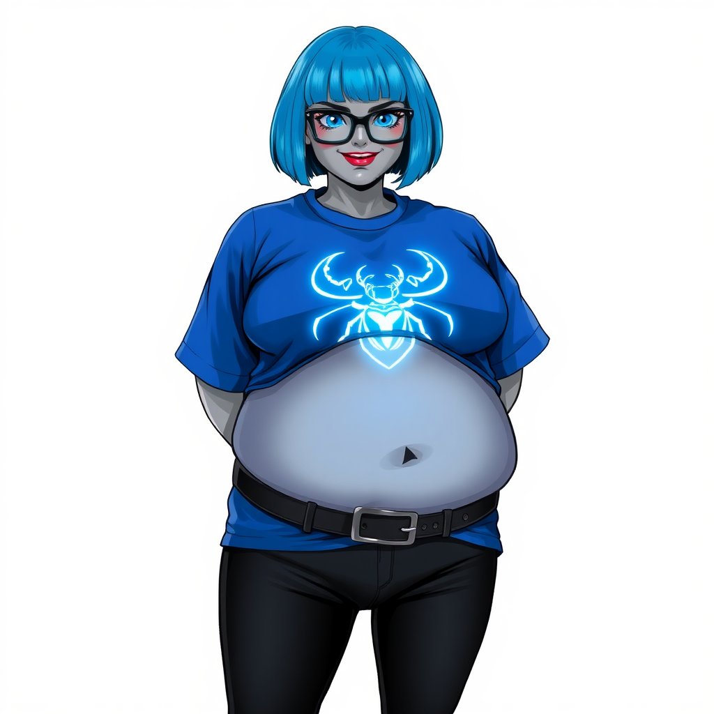 A 28-year-old, full-figured, metallic middle gray skinned computer program hybrid with a maximum blue bob cut. She has a non-athletic build, highlighted by a prominent, round, large midsection (with a full emphasis on her belly). As a digital sidekick, computer hacker, and nerdy girlfriend to her cyberpunk vigilante boyfriend, her middle gray metallic skin and maximum blue lipstick emphasize her digital nature. She wears a costume consisting of an oversized, tight-fitting, maximum blue t-shirt (accentuating her large belly) with a neon blue glowing chest icon of a beetle, black pants, a black belt with a sapphire scarab buckle, and black gloves. Her bright blue eyes, black eyeglasses, and lovestruck smile with neon red blush accentuate her nerdiness. She stands bashfully with her hands behind her back, her t-shirt covering all her skin (especially her large belly) and emphasizing her full-figured, non-athletic physique. She is on a solid white background. She is drawn as if she was in a retro 2D cyberpunk fighting game. She is clearly non-athletic, with emphasis on her full-figured and pudgy physique. Ensure her t-shirt covers her midsection (especially her large belly).