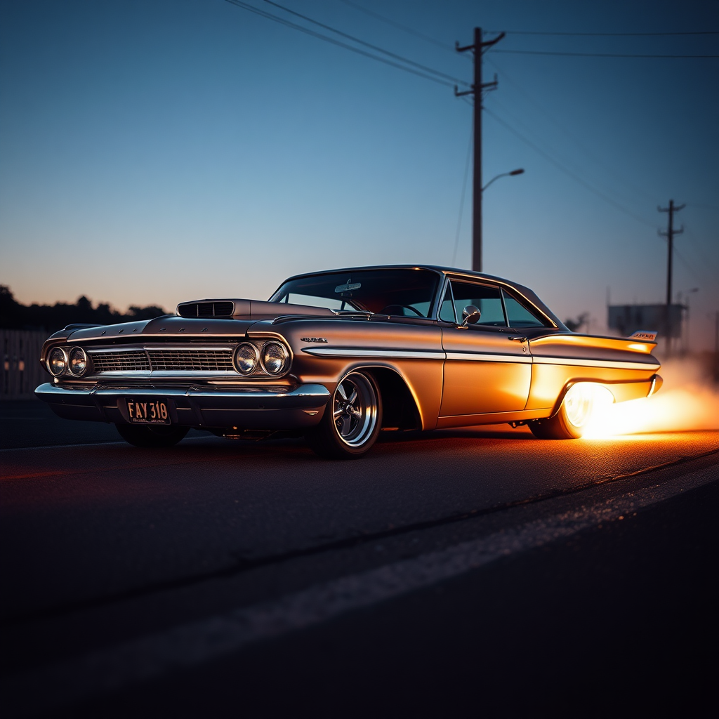 The drag car is parked on the side of the road, inspired by Taiyō Matsumoto, tumblr, restomod, nd4, c4 metallic shine classic american low rider ford