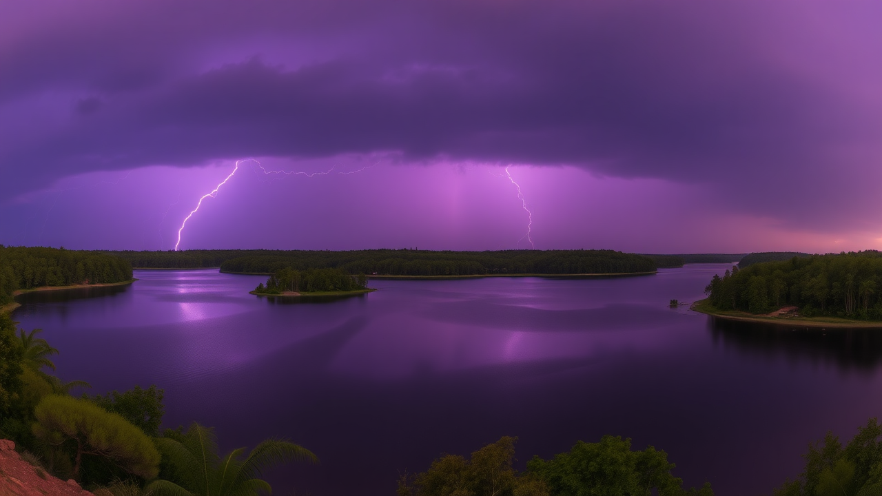 photo, lakes, nature, purple sky, lightning