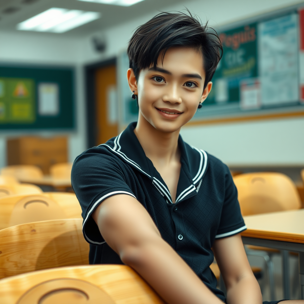 photorealistic, ultra high resolution, 16K, surreal fantasy, soft studio lighting, a pretty 16 year old goth male, slim male physique, short dark hair, blue eyes, goth makeup, earrings, sheer pantyhose, UK girls-school uniform, Mary-Jane shoes, sitting in the classroom, excited smile, facing the camera.