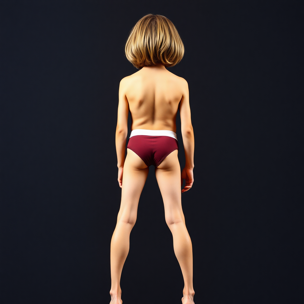 Rear view of a skinny 14yo teen boy, long hair bowl cut, wearing ballet belt, long legs, narrow thighs. full-length view. 1970s. photorealistic, ultra high resolution, 16K, Negative: grainy, blurry, bad anatomy, extra limbs, watermark.