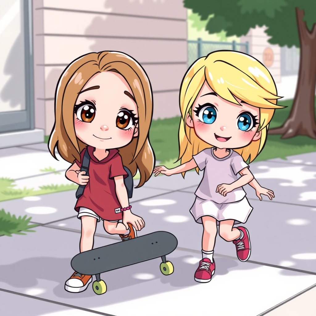 Two cartoon sisters, one a teen with light brown hair and hazel eyes and the other an elementary aged kid with blonde hair and blue eyes, playing with a skateboard on a sidewalk.