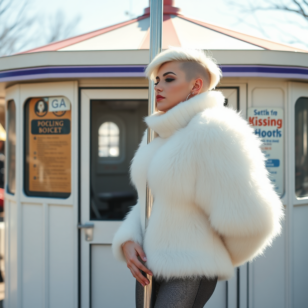 Amusement park “kissing booth”, sunny spring Sunday morning. Sam, 19 years old beautiful involuntary femboy, rebellious intractable character, petite boyish figure, platinum blond boyish rebel punk hairstyle, flawless heavily made-up face with sharp arched tattooed eyebrows, wearing Supertanya-style fluffy very fuzzy bright white angora thigh-length turtleneck-poncho fully covering body and arms, silver-glitter leggings, black leather high-heeled pumps, silver earrings, both hands tied to pole behind back, standing inside kissing booth, waiting for next customer to kiss. Focus on Sam’s face and turtleneck-poncho.