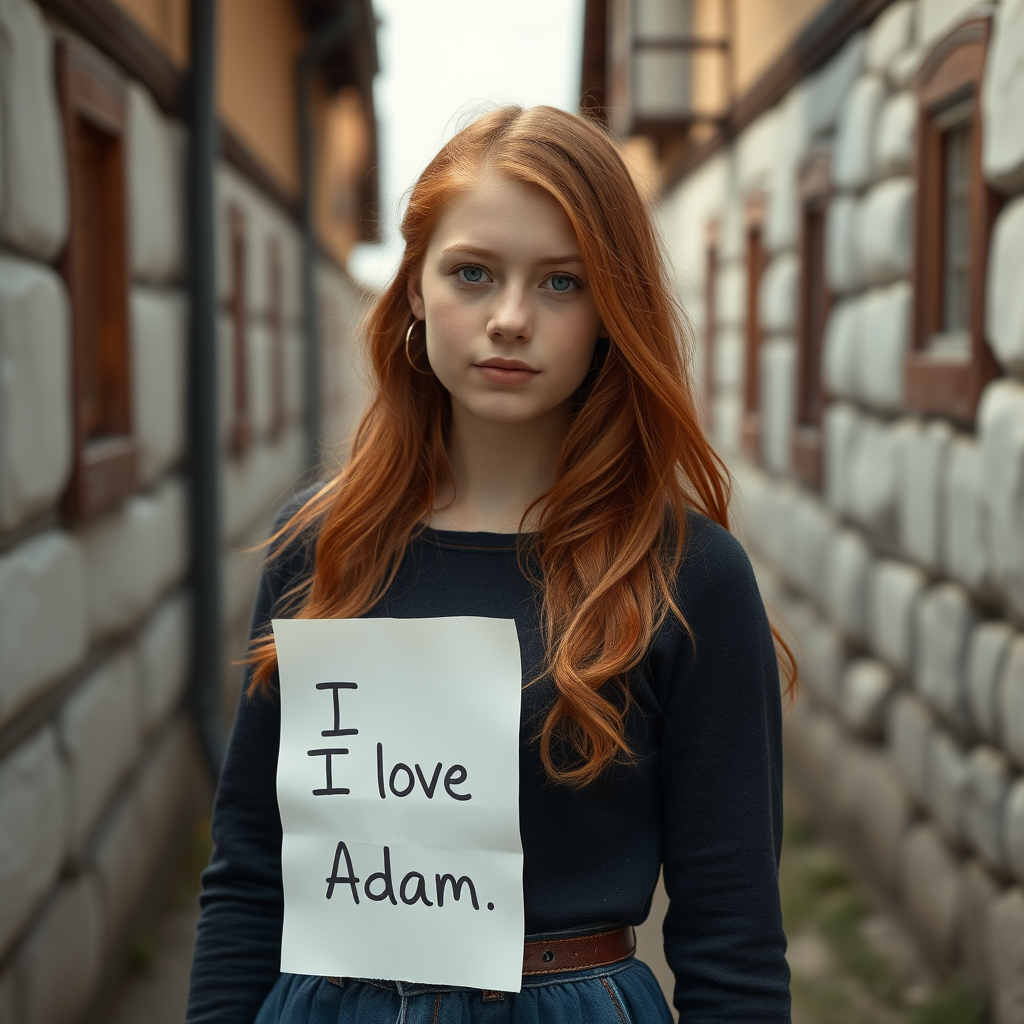 Photorealistic redhead girl standing in eastern European country with the paper saying "I love Adam"