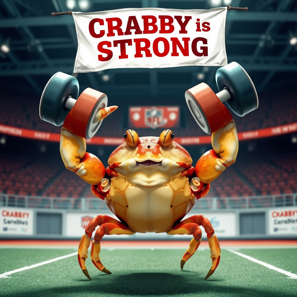 A crab lifting weights over his head with his claws in a sport arena with a banner overhead that says "Crabby is Strong"