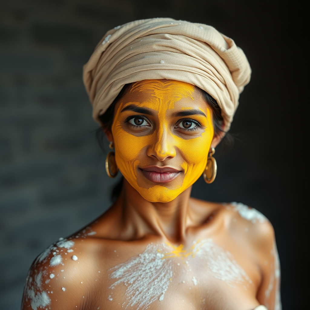 slim, curvy, 30 year old indian maid, her face is covered with turmeric mask and body is covered with soap lather. she is wearing a male underwear on her head