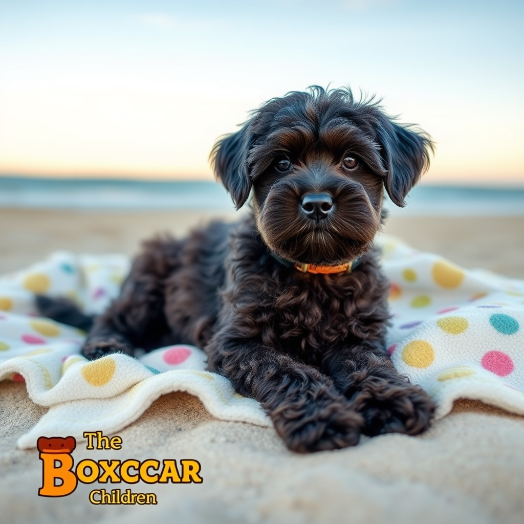 cute medium sized dark chocolate colored cockapoo, laying on super soft blankets on the beach, with the Boxcar Children