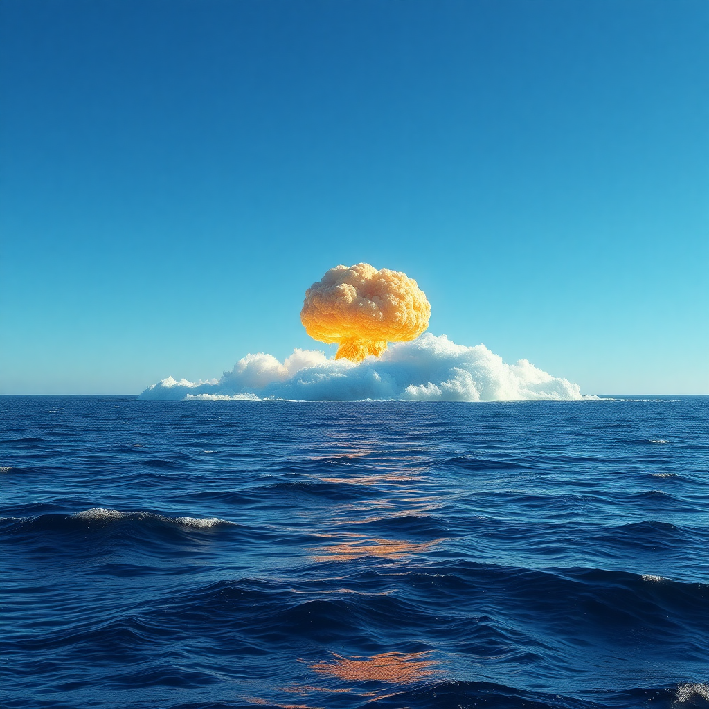 Create a photorealistic image of a vast, open ocean with gentle waves. The sky is clear and blue. In the background, depict a very high nuclear explosion, with a massive tsunami wave surrounding it, creating a dramatic contrast against the calm sea and sky. Show it near.