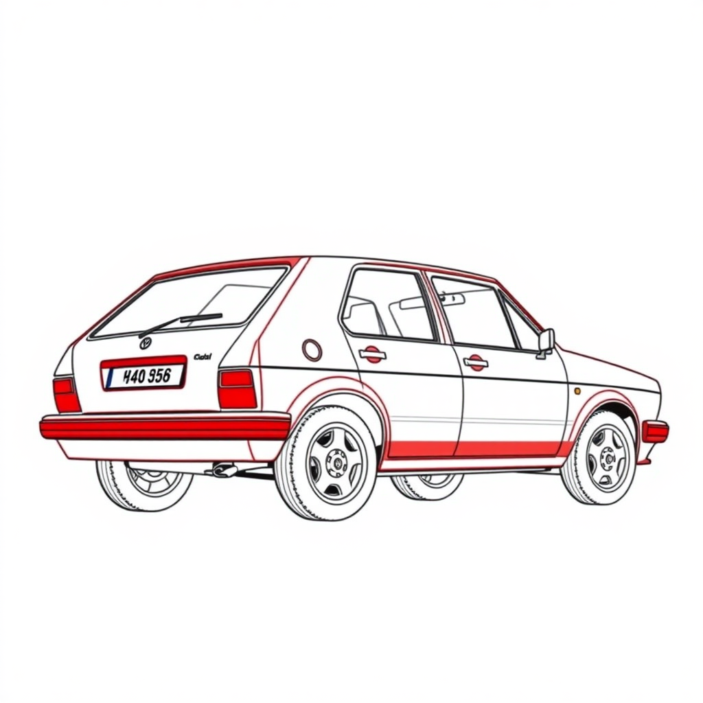 red vw polo II car, long establishing shot, 2D, caricature, cartoon, Sketch lines, coloring book, coloring book style on white background, well composed, clean coloring book page, No dither, no gradient, strong outline, No fill, No solids, vector illustration, realistic proportions, blueprint, left side view