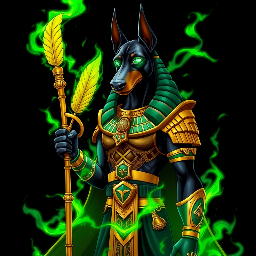 (Anime-styled art) Black background, An imposing, humanoid Doberman with jet-black fur stands tall, clad in intricate golden-green Egyptian armor. He is Anubis, exuding an aura of power and command. In his left hand, he grips a golden, feathered wand adorned with ancient Egyptian symbols, while vibrant green flames swirl around him, crackling with magic. His piercing eyes blaze with the same green fire, casting an intense glow. The full-body view reveals every detail of his regal, godlike presence, surrounded by a supernatural energy that radiates from his form.