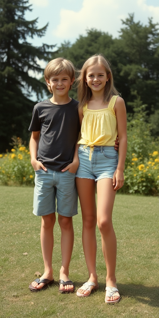 A vintage photo, 1980s. A 14yo teen boy and girl. Germany. Long legs, bare thighs. Hot summer. Full length view.